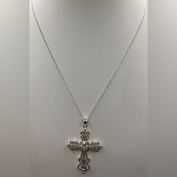 VINTAGE SILVER PLATED LWIND MARKED SP LWIND RHINESTONE CROSS PENDANT NECKLACE - Picture 1 of 3